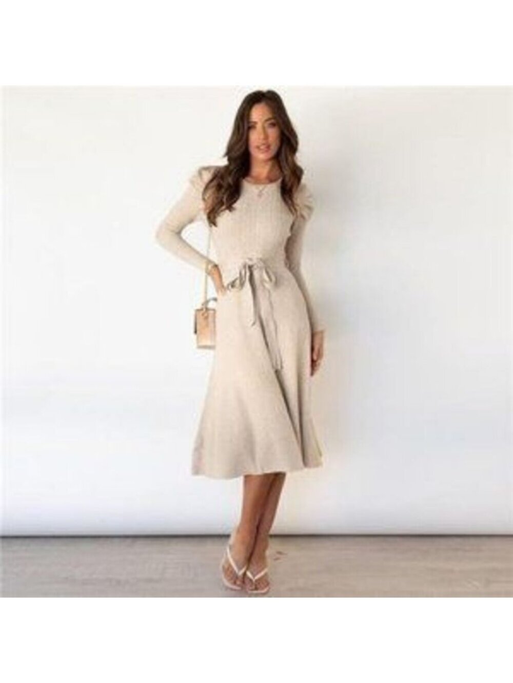 Women's Crew Neck Knit Midi Sweater Dress with Belt Long Sleeve Maxi Dress - Picture 3 of 4